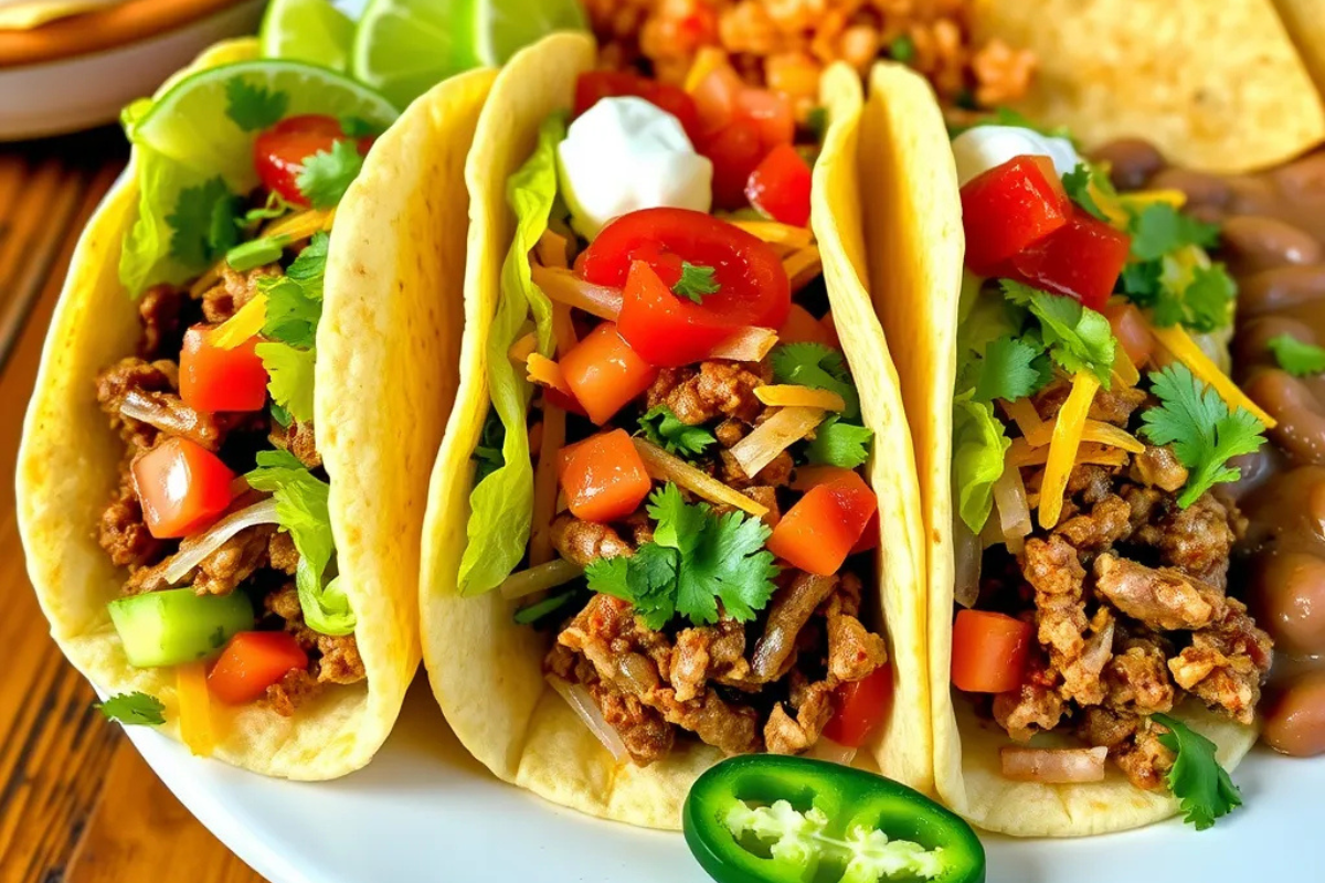 Classic beef tacos with seasoned ground beef, lettuce, tomatoes, cheese, and sour cream, served with Mexican rice and refried beans on a rustic plate