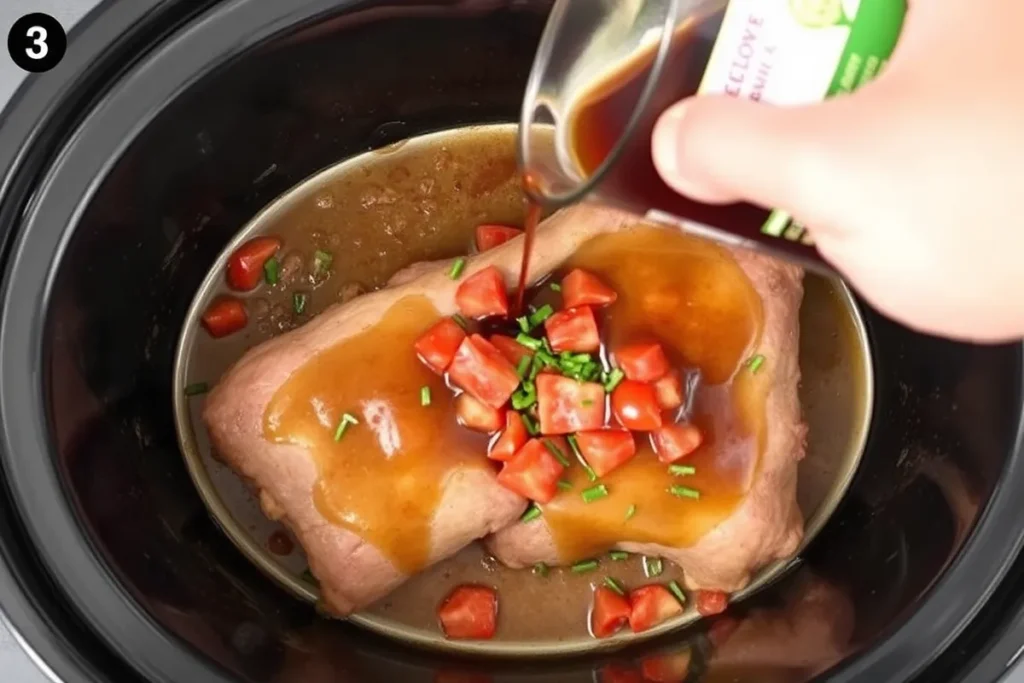 Pour the red wine into the skillet to deglaze, scraping any browned bits from the bottom. Let it simmer for 2 minutes before adding the beef broth and diced tomatoes. Mix the ingredients thoroughly, then drizzle the mixture over the lamb shanks in the slow cooker.