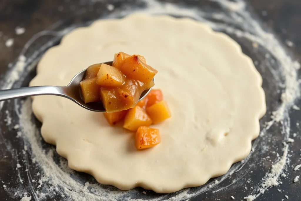 Placing apple filling onto the center of each pumpkin-shaped dough circle, creating the filling for Jack-o'-Lantern hand pies.