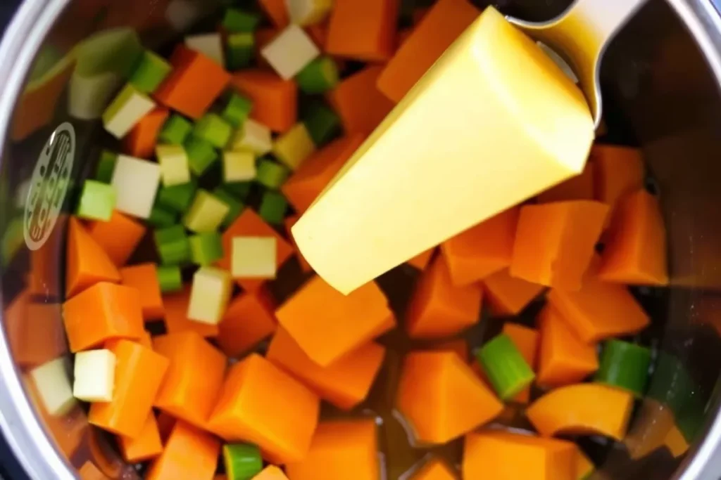 Chopped carrots, celery, butternut squash, and sweet potatoes being added to the pot for a hearty base in the Monster Mash Soup Recipe