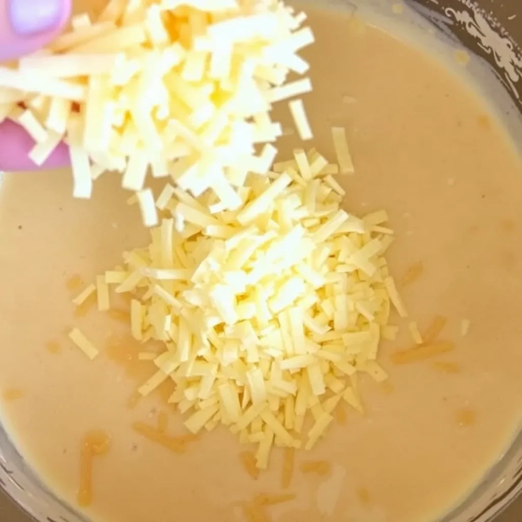 Shredded cheddar cheese being added to the creamy sauce, forming the base for macaroni and cheese.