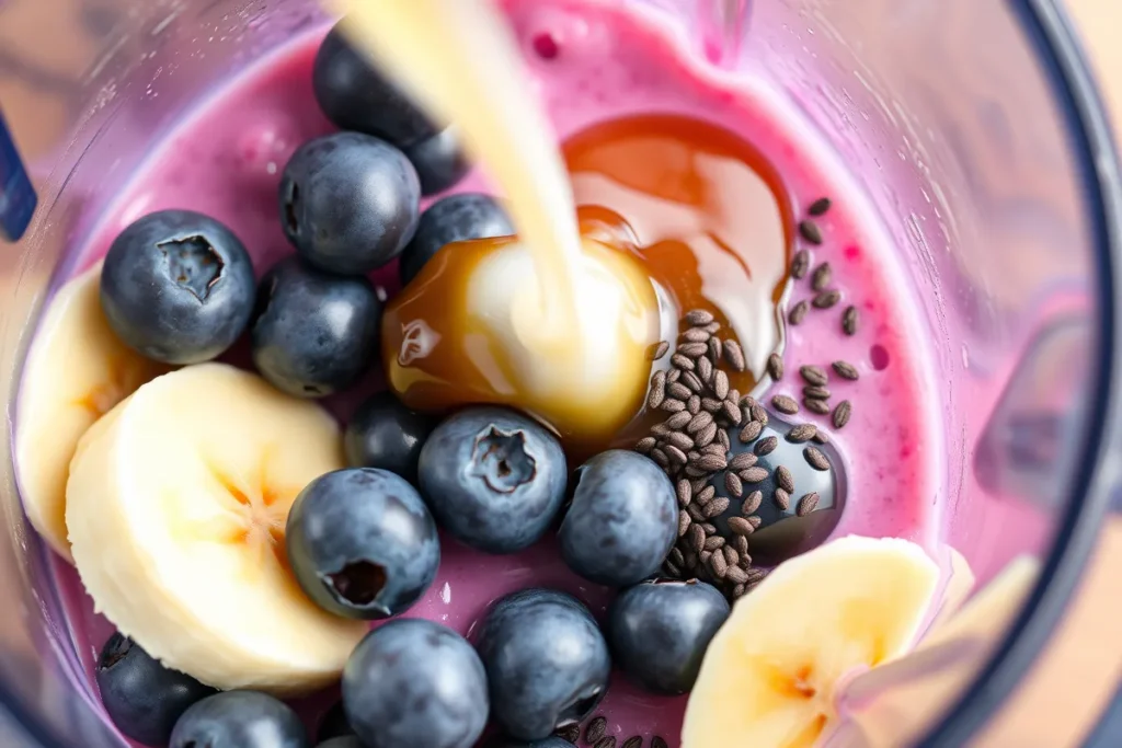 Blender filled with almond milk, banana slices, blueberries, chia seeds, and honey for Bee’s Breakfast Buzz Smoothie