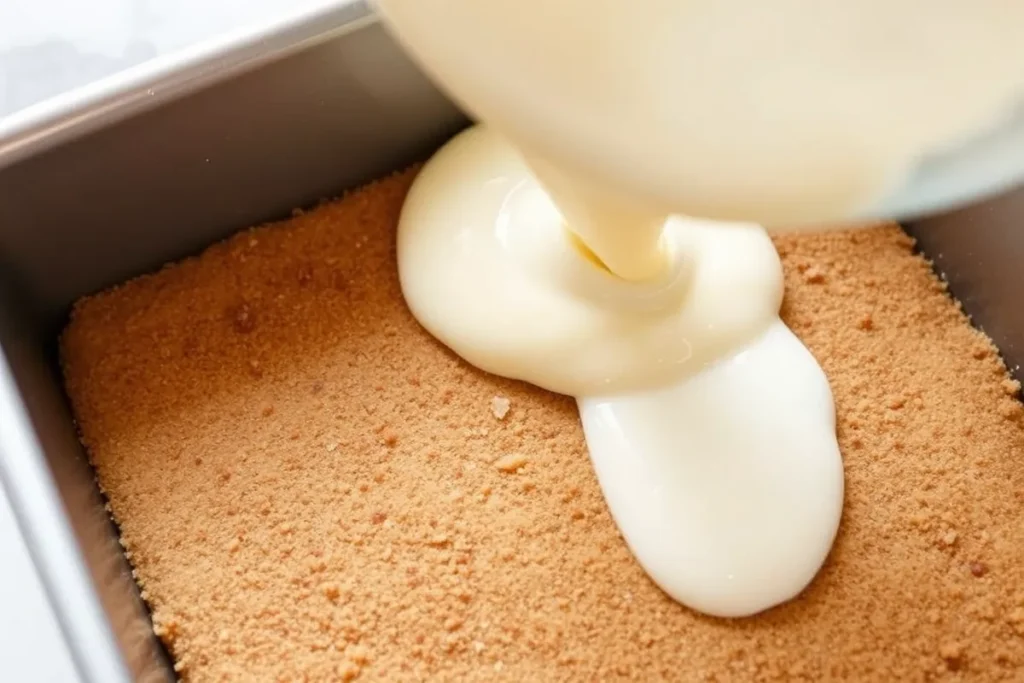 Layering Final Batter for Honey Bun Cake ; Pouring final batter layer over cinnamon sugar for Honey Bun Cake