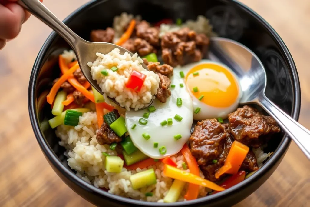 Mixing all Bibimbap ingredients—rice, vegetables, beef, and egg—together in the bowl