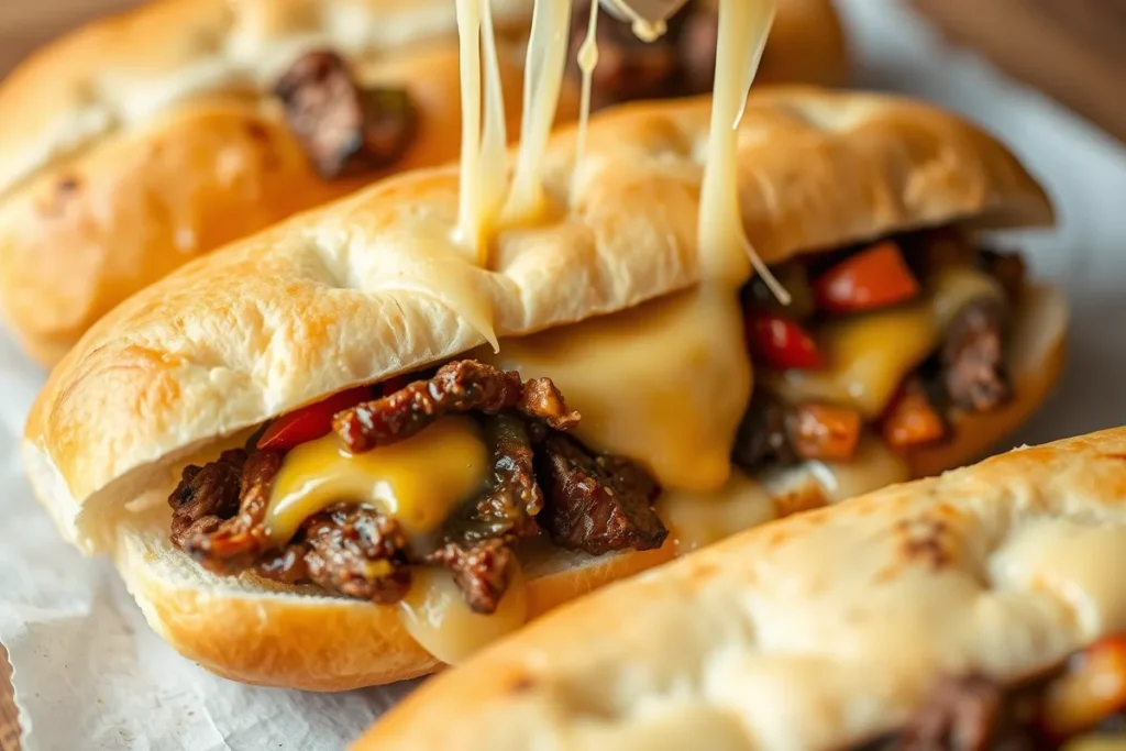 Assembled Philly cheesesteak sandwich with cheese, steak, and peppers in a hoagie roll