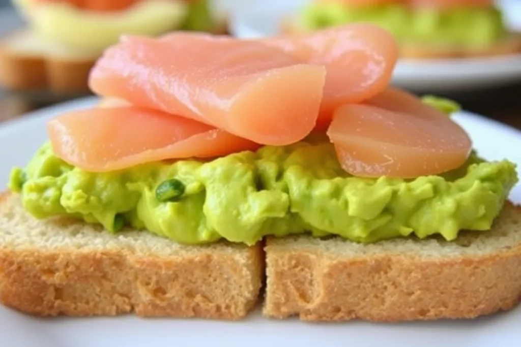 A slice of toasted bread topped with mashed avocado and slices of smoked salmon for the perfect toast.