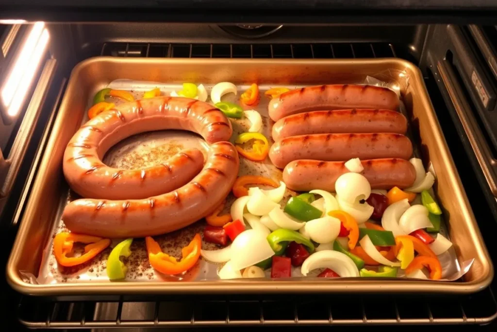 Brats cooking in the oven at 400°F, sizzling alongside onions and bell peppers on a baking sheet ( Cook Brats )