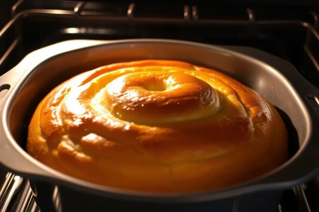 Honey Bun Cake baking in the oven, developing a golden, fluffy texture