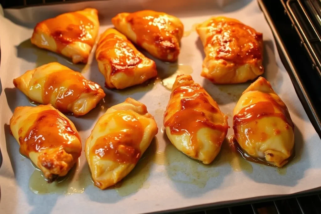 Golden-brown chicken pieces baking on a parchment-lined tray inside an oven, with crispy edges. The hot honey glaze is starting to caramelize, creating a slightly sticky texture on the chicken pieces.