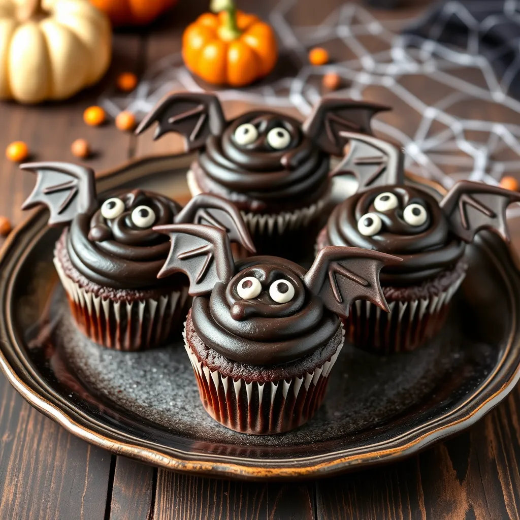 Bat cupcakes on a plate – a spooky Halloween recipe featuring chocolate cupcakes with edible bat wings, perfect for a Halloween party.






