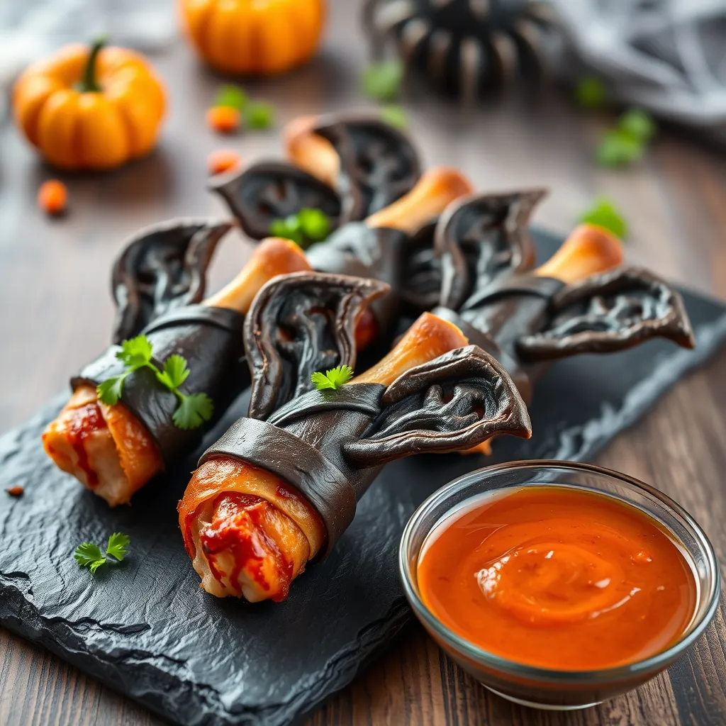 Bat Wing Chicken Drums arranged on a black slate platter, resembling bat wings, garnished with parsley and served with a spicy dipping sauce, perfect for Halloween-themed parties