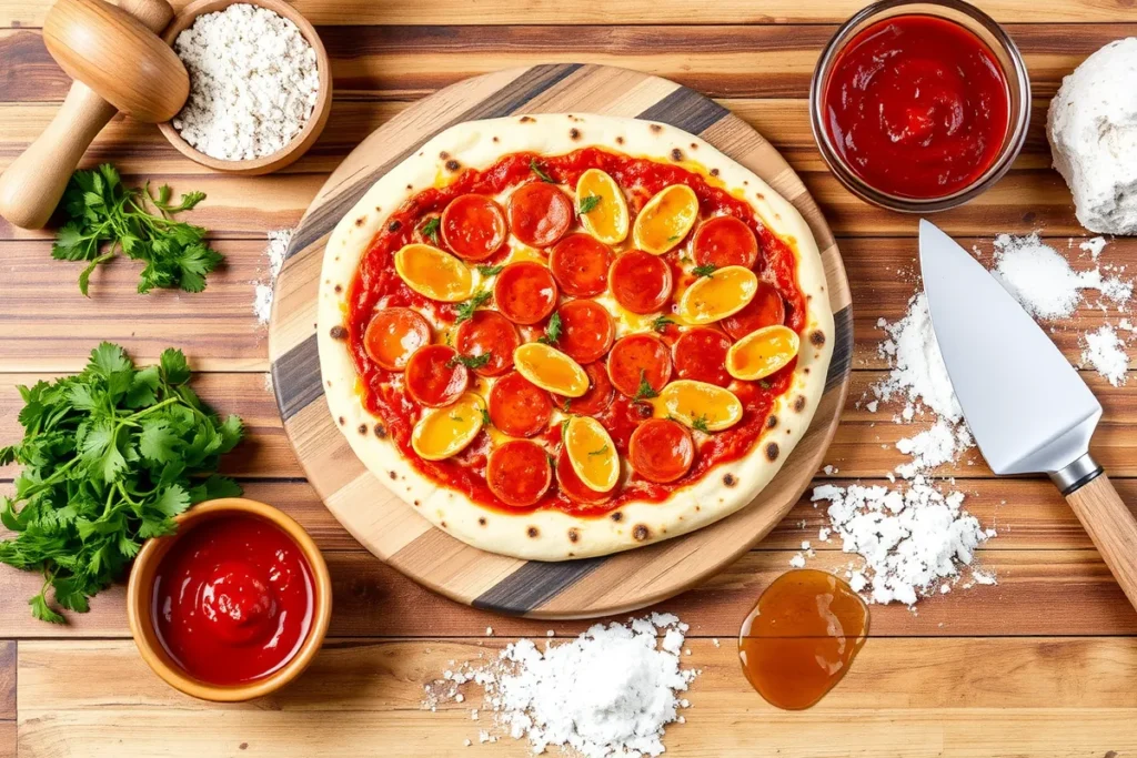 A beautifully arranged scene of Bee Sting Spicy Pizza with toppings and ingredients, showcasing the pizza-making process in a cozy kitchen atmosphere.