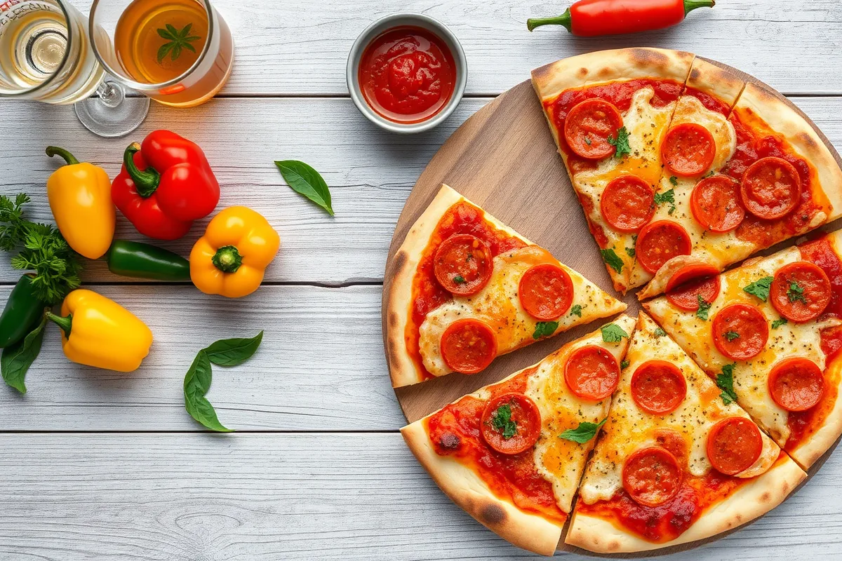 Overhead view of a sliced Bee Sting Spicy Pizza with pepperoni and honey drizzle, surrounded by fresh ingredients on a rustic table.