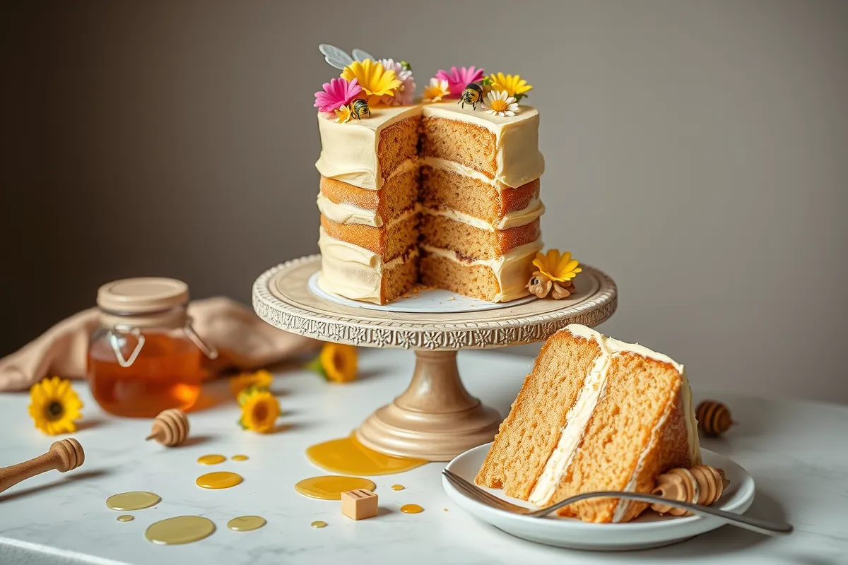 Beautifully styled Bee Themed Honey Cake on a cake stand, decorated with honey buttercream frosting, edible bees, and flowers, with a slice served on a plate.