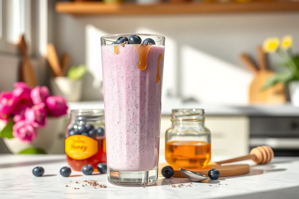 A refreshing Bee’s Breakfast Buzz Smoothie served in a tall glass, garnished with chia seeds and blueberries, perfect for a nutritious start to the day