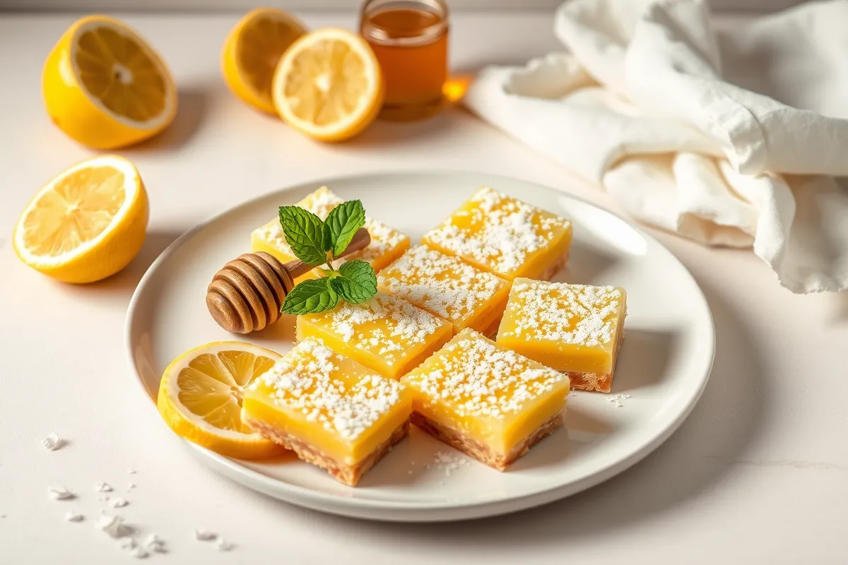 Elegant presentation of Bee’s Knees Lemon Bars with powdered sugar, lemon slices, honey dipper, and mint, on a minimalist white plate