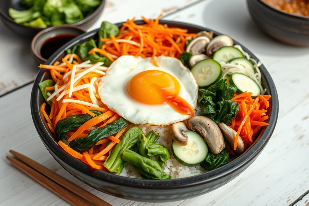 Bibimbap Korean rice bowl with mixed vegetables, egg, and gochujang served in a traditional stone bowl on a wooden table