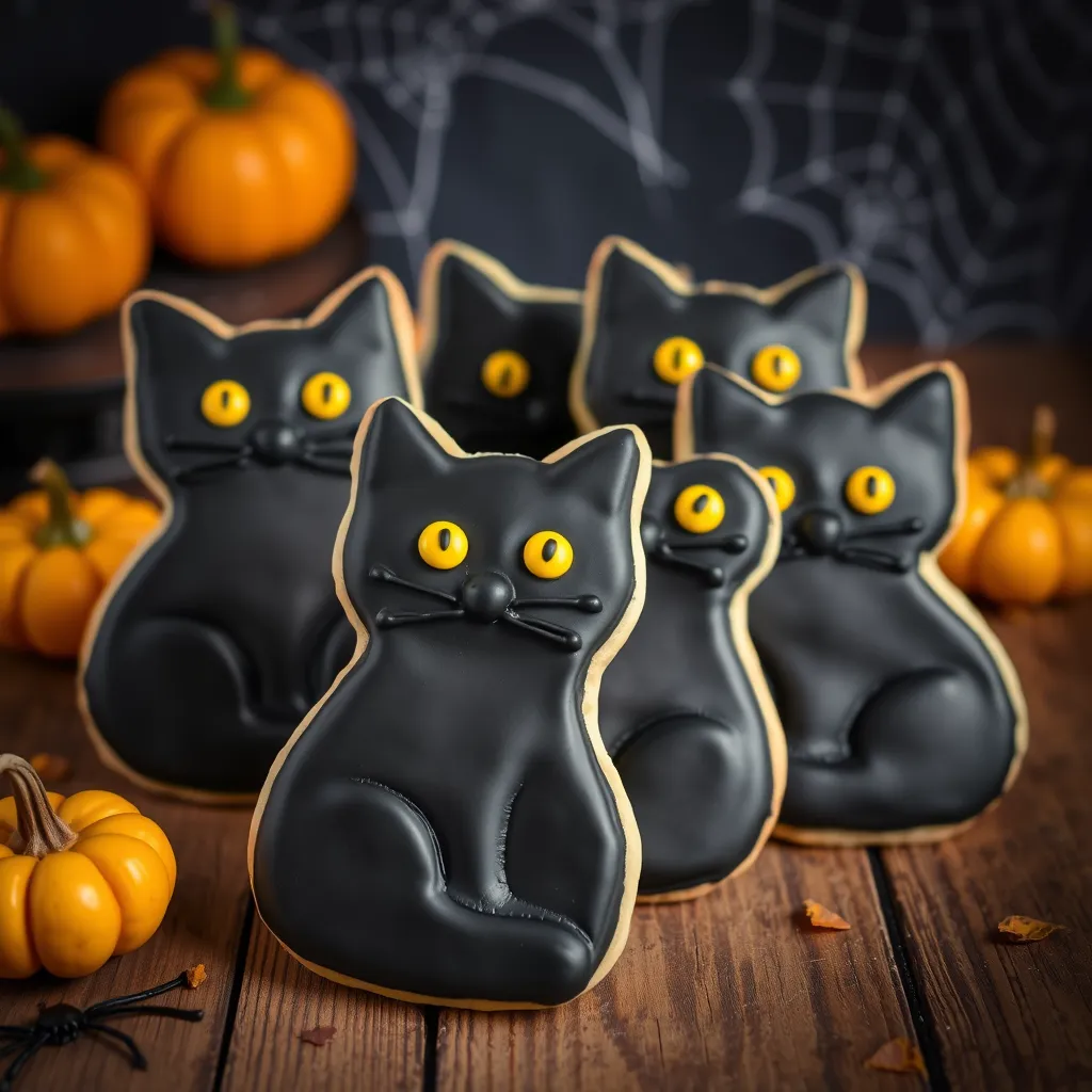 Black Cat Cookies Halloween recipe – spooky and delicious sugar cookies with black icing and candy eyes, perfect for Halloween parties and spooky treats