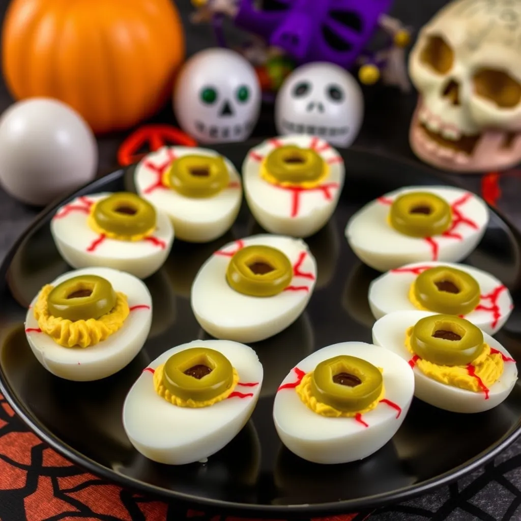 Bloodshot Eyeball Deviled Eggs served on a spooky Halloween-themed platter, with green olives and red food coloring creating the perfect creepy touch for a Halloween party appetizer