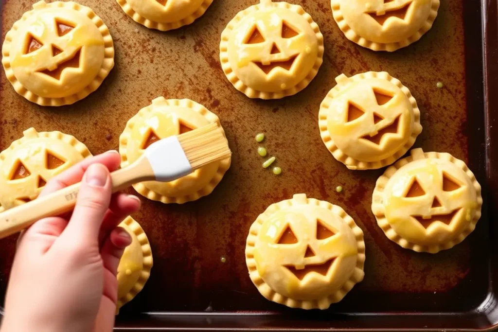 Brushing egg wash over jack-o'-lantern hand pies before baking, giving them a golden, crisp finish.