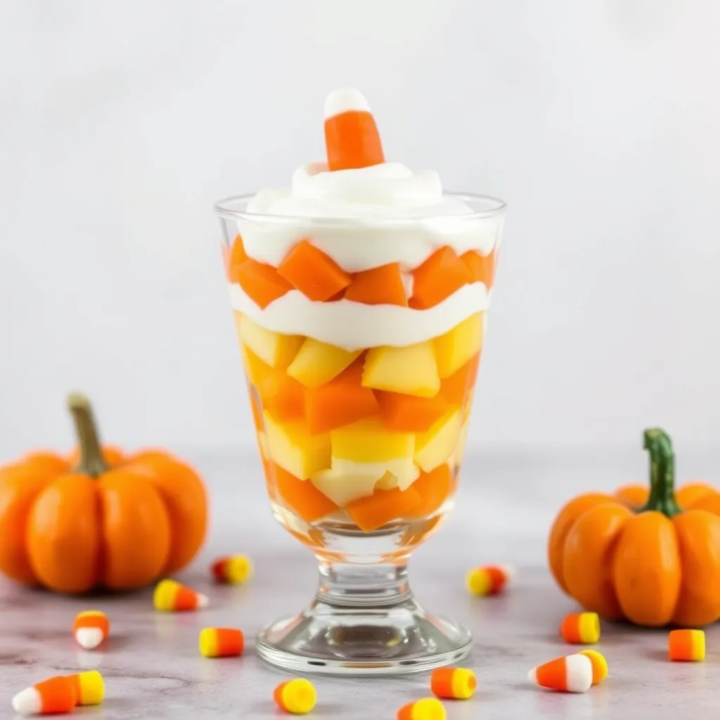 A colorful Halloween recipe, this Candy Corn Fruit Parfait features layers of pineapple, mandarin slices, and whipped cream in a tall glass, topped with candy corn. A perfect Halloween dessert idea for festive celebrations, with vibrant colors resembling the classic candy corn treat