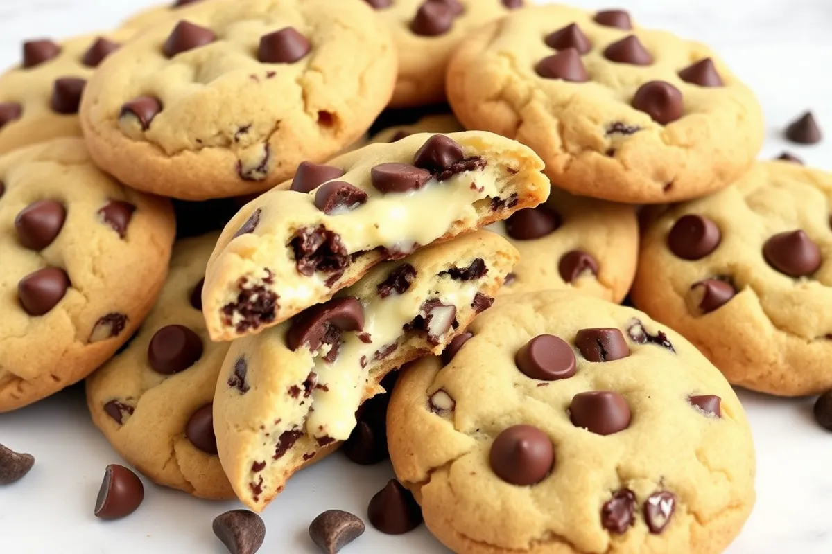 Close-up of cheesecake-stuffed chocolate chip cookies with golden brown edges, creamy cheesecake filling, and melty chocolate chips, arranged on a marble countertop