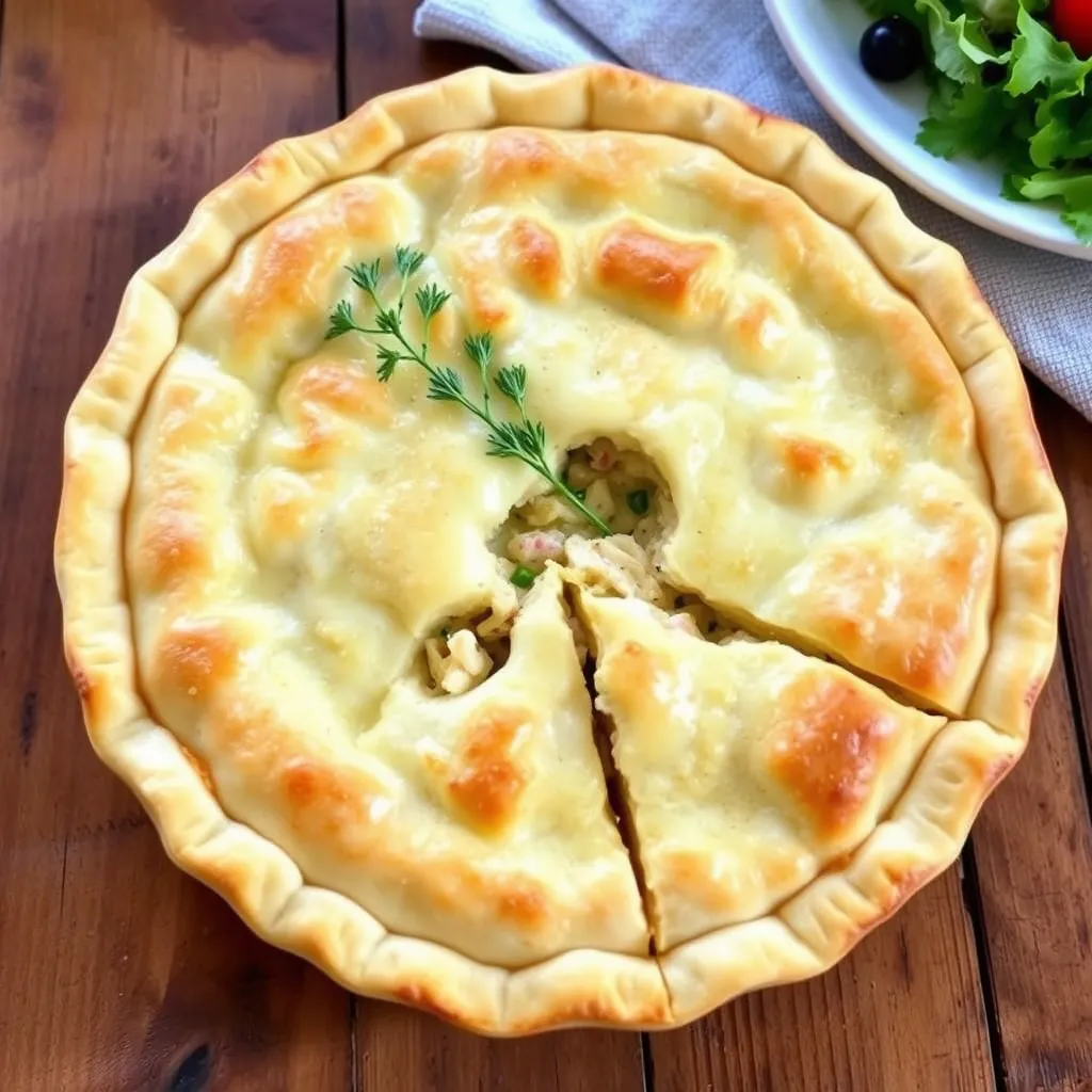 Golden brown baked chicken pot pie with a flaky crust and creamy filling, served on a rustic wooden table