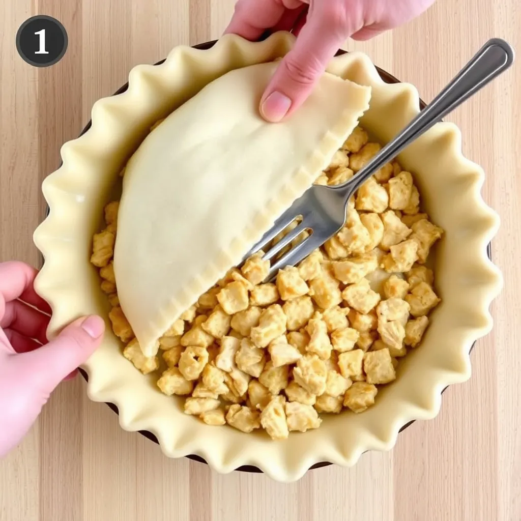 Top pie crust being placed over the chicken pot pie filling in a pie dish, with edges crimped for a rustic finish.