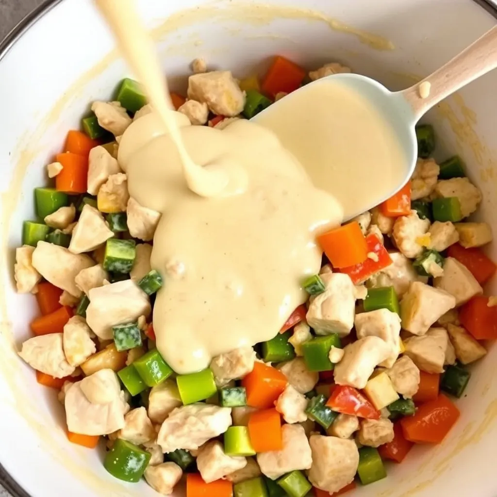 Mixing bowl filled with chicken, vegetables, and creamy roux being combined to make the filling for chicken pot pie