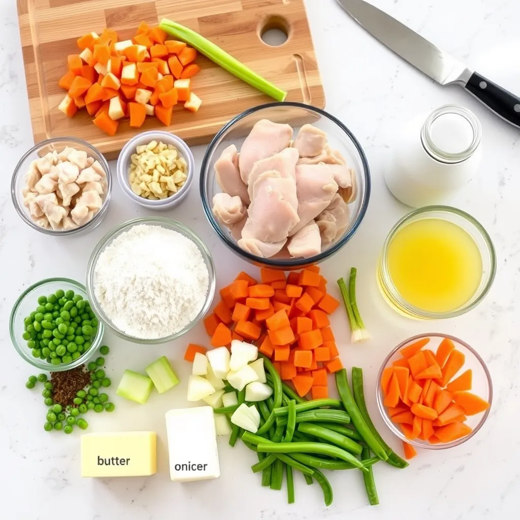 Ingredients for chicken pot pie including diced chicken, carrots, peas, celery, onions, flour, butter, chicken broth, and milk arranged on a kitchen counter.