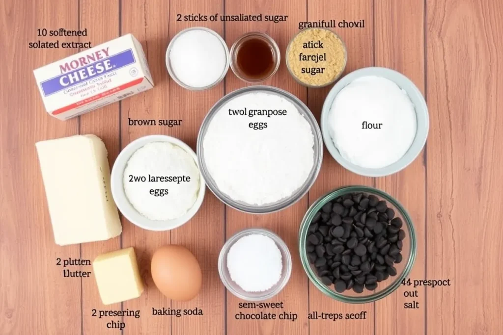 Ingredients for chocolate chip cookie cheesecake bars, including cream cheese, granulated sugar, vanilla extract, butter, brown sugar, eggs, flour, baking soda, salt, and chocolate chips arranged on a wooden countertop