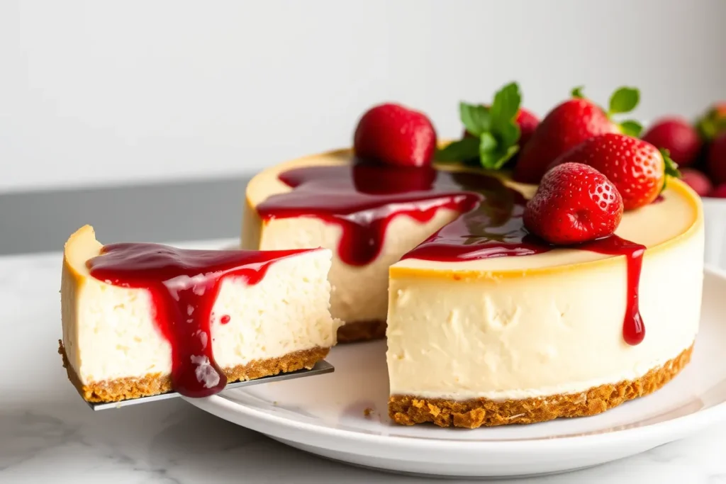 Creamy Philadelphia cheesecake with graham cracker crust and strawberry garnish, showcasing a smooth slice cut out on a white plate