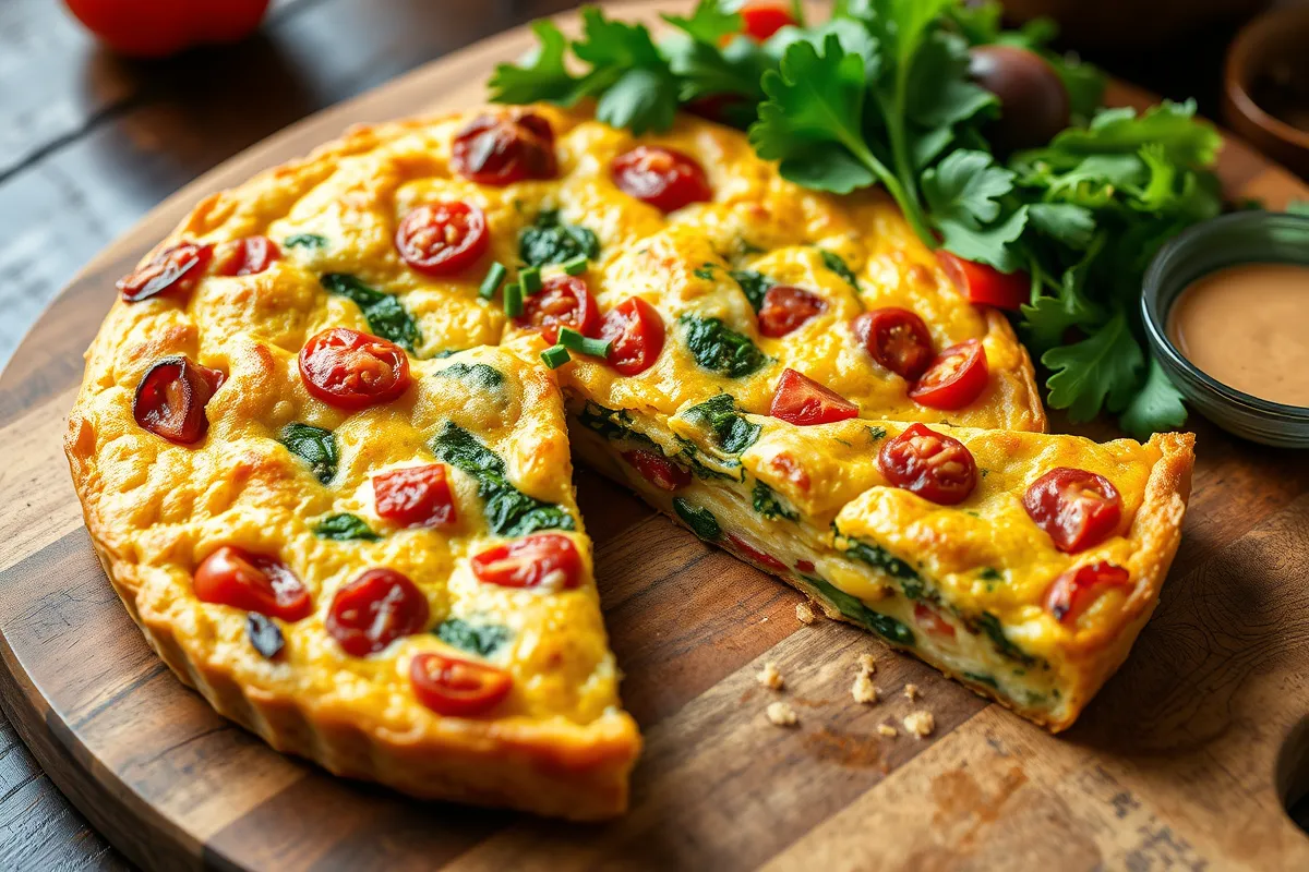 A close-up of a golden, fluffy vegetable frittata with bell peppers, spinach, and tomatoes, garnished with fresh herbs, served on a rustic wooden cutting board alongside a side of mixed greens.