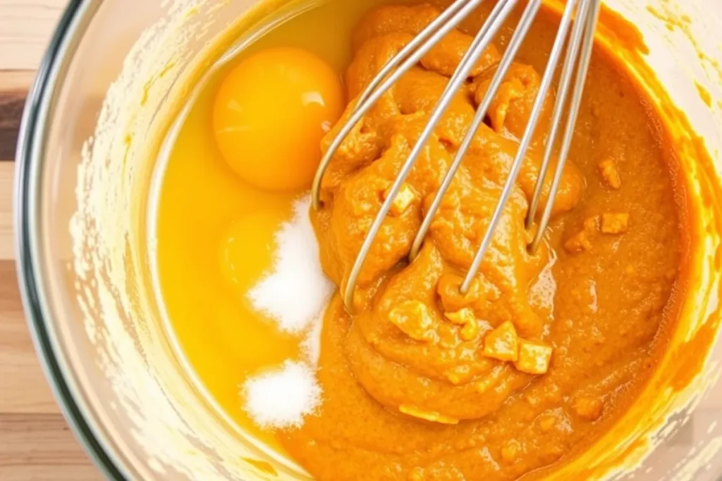 Whisking together eggs, sugar, and pumpkin puree to create the wet mixture for pumpkin bread