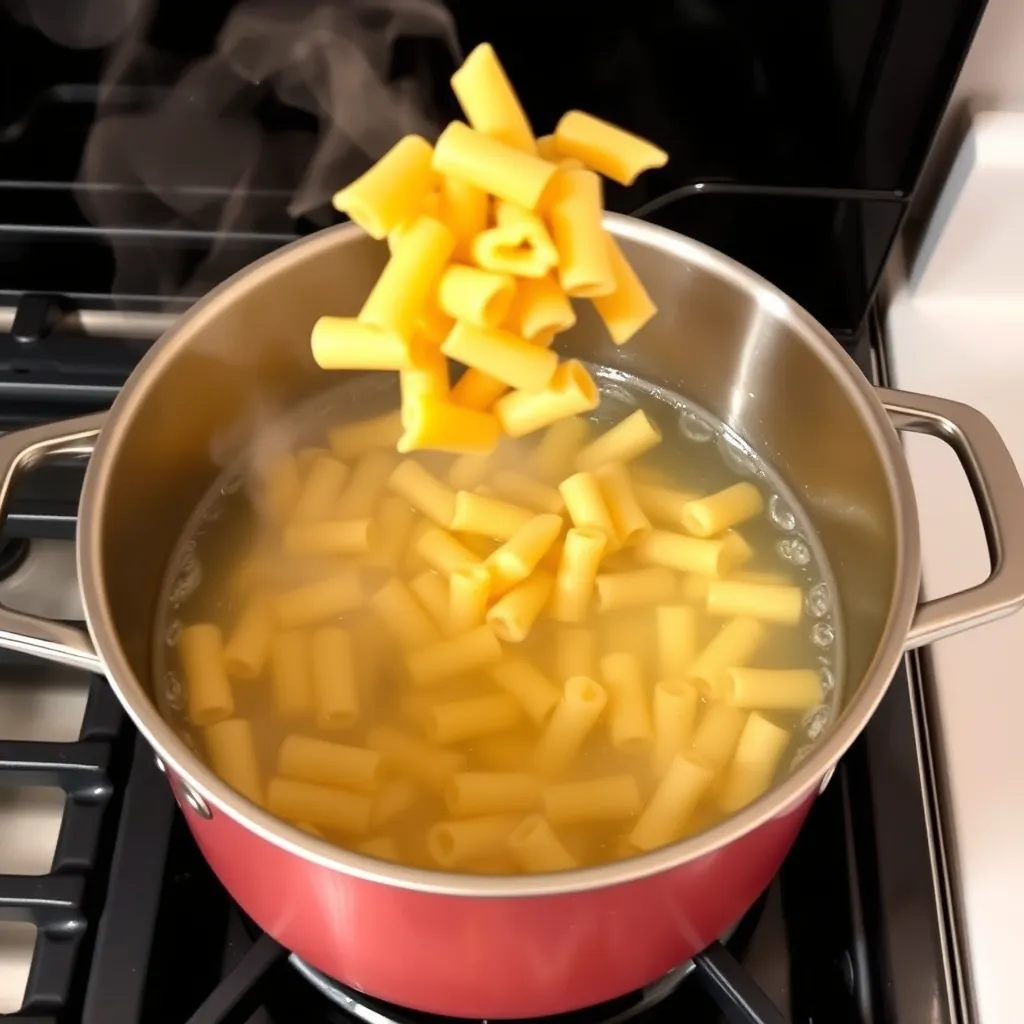 Elbow macaroni being cooked in a pot of boiling water for a simple mac and cheese recipe