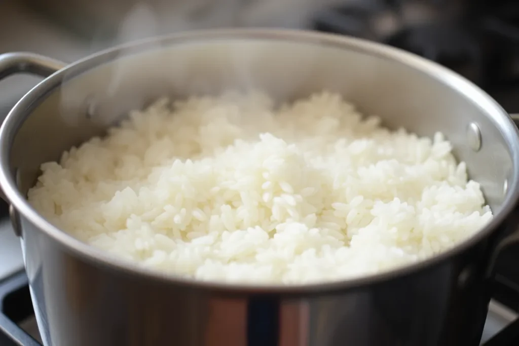 White rice cooking in a pot, starting the Bibimbap recipe