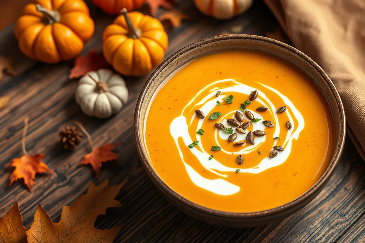 A comforting bowl of Monster Mash Soup with a creamy orange texture, garnished with coconut milk, fresh herbs, and pumpkin seeds, surrounded by autumn-themed decor on a rustic wooden table