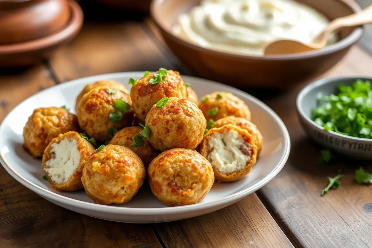 Cream cheese sausage balls served on a rustic wooden table, crispy on the outside with a creamy center, garnished with fresh herbs.