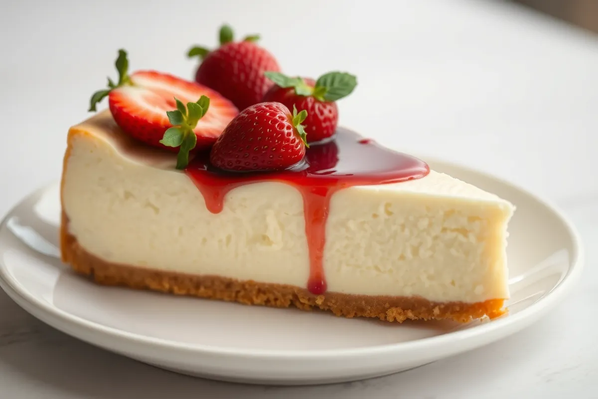 A slice of Philadelphia cheesecake on a white plate, topped with fresh strawberries and berry sauce, showcasing a smooth and creamy texture for a classic dessert