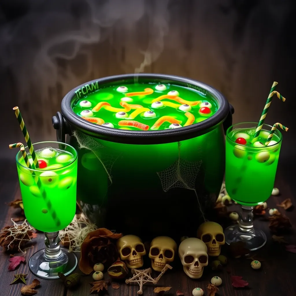 Spooky Creepy Cauldron Punch in a large black cauldron filled with vibrant green liquid, decorated with gummy worms and eyeball candies, surrounded by Halloween-themed decorations and dim lighting