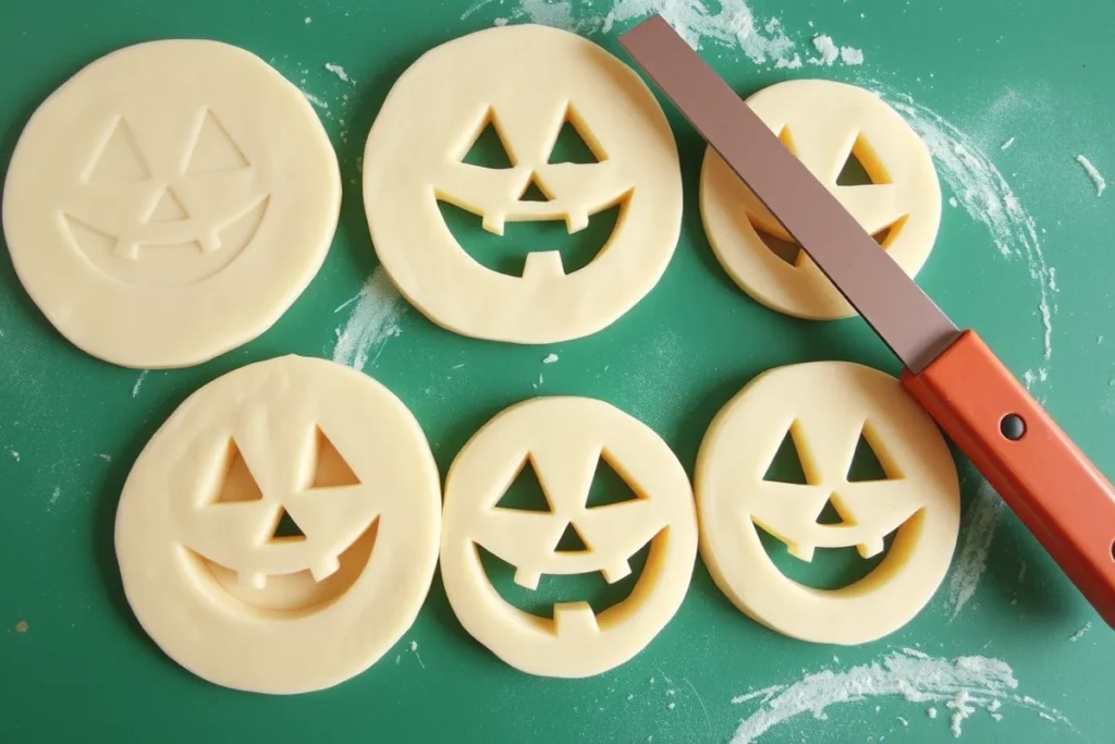 Cutting jack-o'-lantern faces into dough circles with a small knife, creating Halloween-themed shapes for hand pies