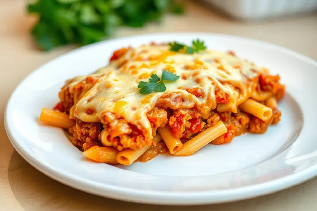 A mouthwatering serving of baked ziti, featuring cheesy pasta with a rich meat sauce, garnished with parsley on a white plate, showcasing the heartiness of this soul food dish