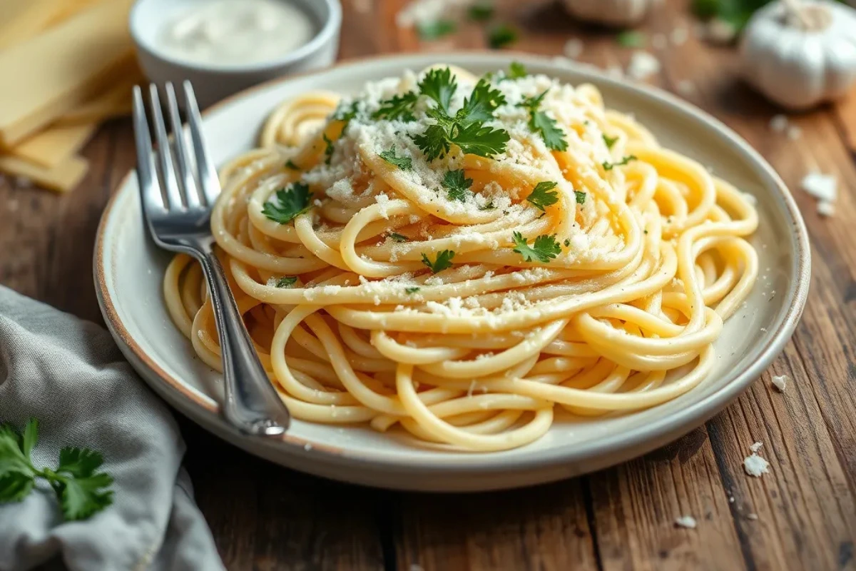 Plate of creamy Fettuccine Alfredo garnished with parsley and Parmesan cheese, served with ingredients in the background