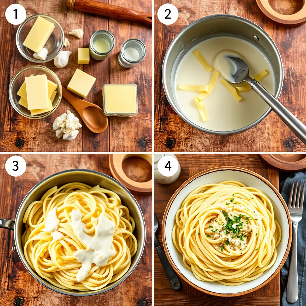 Plate of creamy Fettuccine Alfredo garnished with parsley and Parmesan cheese, served with ingredients in the background