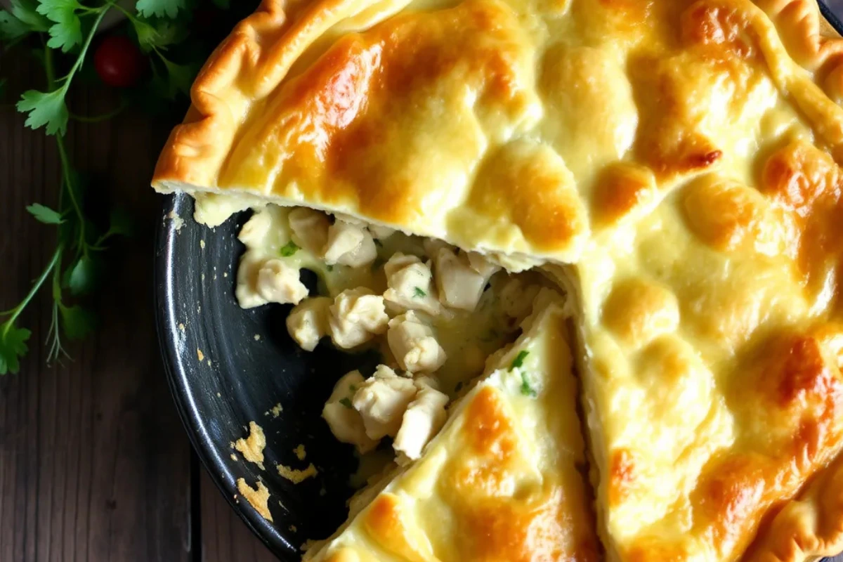 Delicious homemade chicken pot pie with a golden flaky crust and creamy filling, featuring chicken, vegetables, and herbs, perfect for a comforting family meal.