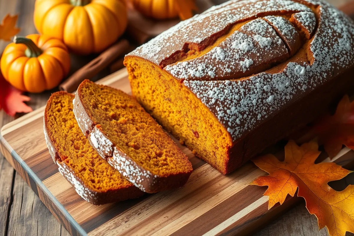 Freshly baked pumpkin bread loaf with a spiced, moist interior, garnished with powdered sugar and surrounded by autumn decorations like cinnamon sticks and small pumpkins