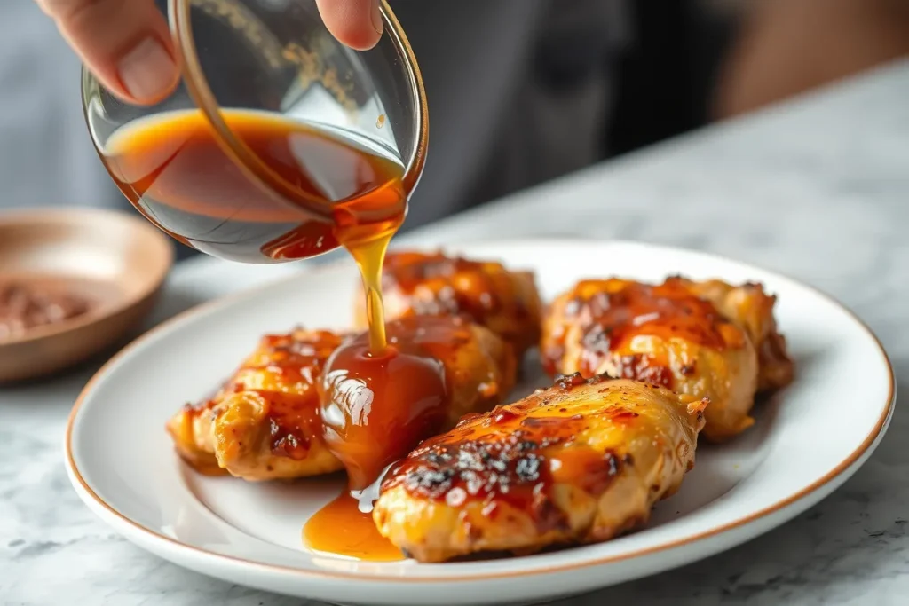 Hot Honey Chicken – Drizzling Sweet and Spicy Honey Sauce , Hot honey sauce being drizzled over crispy baked chicken pieces for a rich glaze in Hot Honey Chicken