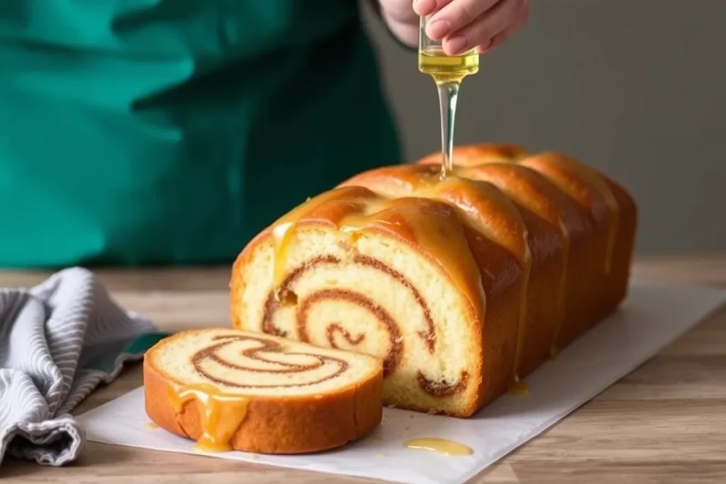 Drizzling vanilla glaze over freshly baked Honey Bun Cake for a sweet finish