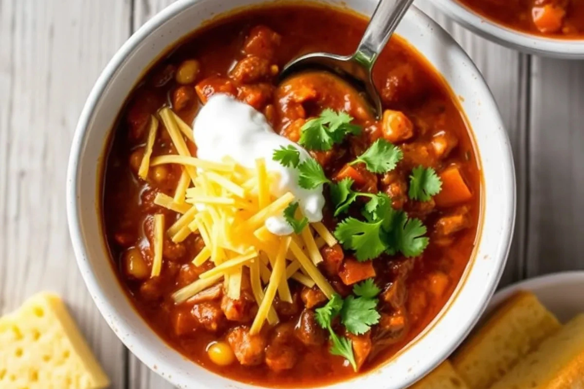 A bowl of homemade chili garnished with cheddar cheese, sour cream, and cilantro, served with cornbread