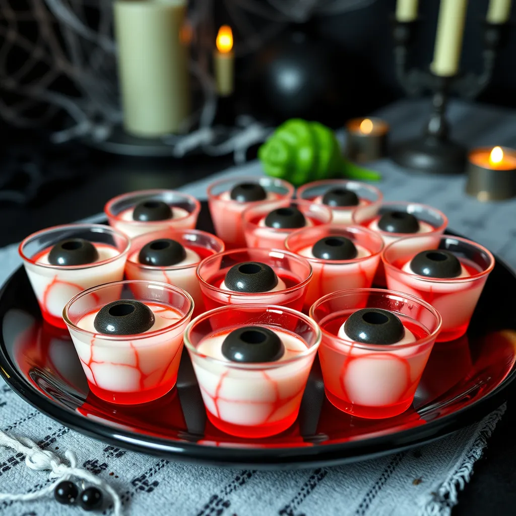 Spooky Halloween Eyeball Jello Shots on a dark plate, a creepy Halloween recipe perfect for parties